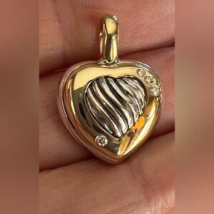 David Yurman Sterling Silver & 18k Gold Diamond Heart Pendant Necklace 16 3/4”